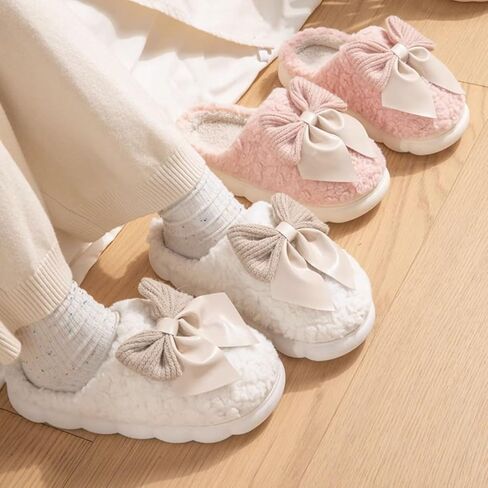 Fuzzy Bow Tie Slippers for Women Closed Back Fluffy House Shoes Winter Indoor Outdoor Slippers in Kuwait