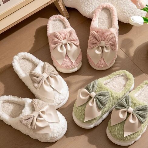 Fuzzy Bow Tie Slippers for Women Closed Back Fluffy House Shoes Winter Indoor Outdoor Slippers in Kuwait