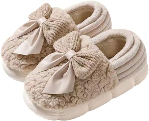 Fuzzy Bow Tie Slippers for Women Closed Back Fluffy House Shoes Winter Indoor Outdoor Slippers in Kuwait