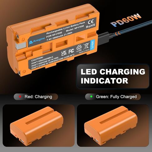 بطارية NP-F550 2900mAh و 2 في 1 كابل شحن USB-C لـ Sony NP-F970 F750 F550 F330 F530 F570 F770 F960 CCD-SC55 TR516 TR716 TR818 TR910 TR917 لضوء الفيديو LED (RED 2 Pack) (RED) in Kuwait