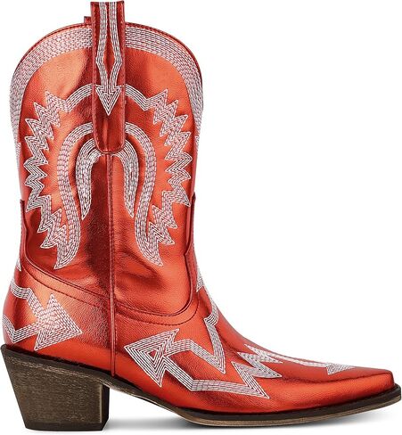 AMINUGAL Cowgirl Boots Chunky Heel Cowboy Boots for Women Pointed Toe Pull On Western Boots Women's Ankle Boots Country Concert Fashion Retro Metallic Booties in Kuwait