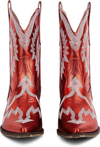 AMINUGAL Cowgirl Boots Chunky Heel Cowboy Boots for Women Pointed Toe Pull On Western Boots Women's Ankle Boots Country Concert Fashion Retro Metallic Booties in Kuwait