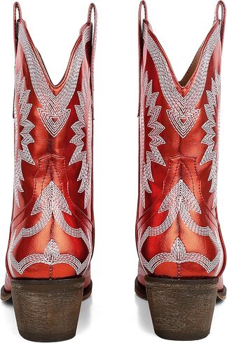 AMINUGAL Cowgirl Boots Chunky Heel Cowboy Boots for Women Pointed Toe Pull On Western Boots Women's Ankle Boots Country Concert Fashion Retro Metallic Booties in Kuwait