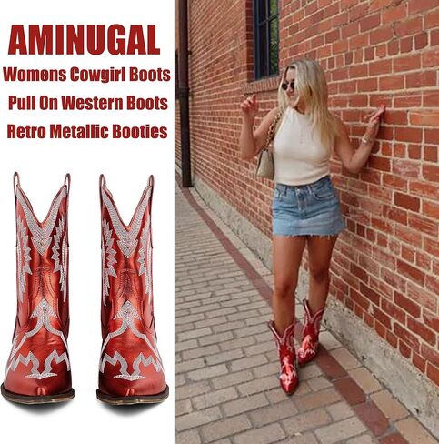 AMINUGAL Cowgirl Boots Chunky Heel Cowboy Boots for Women Pointed Toe Pull On Western Boots Women's Ankle Boots Country Concert Fashion Retro Metallic Booties in Kuwait