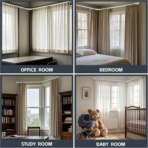 1 Inch Bay Window Curtain Rods 32-96 Inch Retractable Metal Corner Curtain Rods for Blackout Curtains with Wall Mount Black Round Finials in Kuwait