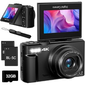 Cameras for Photography, 4K 64MP Digital Vlogging Camera for YouTube with 3" 180° Flip Screen, Compact WiFi Camera with 18X Digital Zoom, 32GB Micro SD Card & 2 Batteries