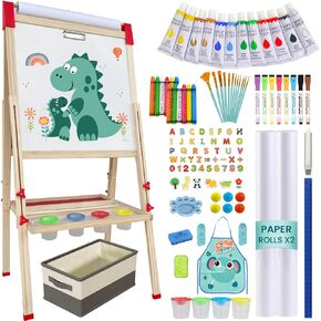 Easel for Kids,Adjustable Wooden Art Easel for Kids,114+ Art Supplies,Double Sided Magnetic Chalkboard and White Board for Kids,Drawing and Painting for Aged 2-4,5-7,8-12,2 Paper Rolls