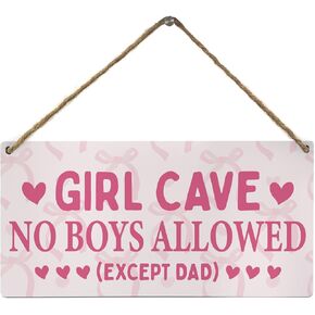 Girls Room Decor, Girl Cave Sign, Girls Only Pink Sign, No Boys Allowed Wooden Hanging Decoration for Preppy Room Decor, Door Sign for Bedroom Dorm, Cute Room Decor for Teen Girls, 12x6 Inch