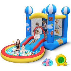 Inflatable Bounce House: 4 in 1 Bouncy Castle with Ball Pit & Slide for Kids Age 3-8 with 370 Watt Blower and Storage Bag for Indoor Outdoor Play Oxford Cloth