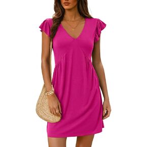 Dokotoo Women's Summer Dresses 2025 Beach Casual Deep V Neck Loose Sundress Ruffle Sleeve Mini Dress