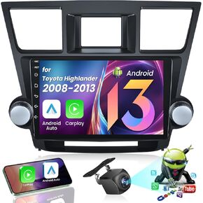 ستيريو سيارة Android 12 لسيارة Toyota Highlander 2008-2013: (2+64G) 5GWiFi ترقية راديو مع Carplay Android Auto - شاشة لمس 10.1 بوصة 1280 * 800 مع كاميرا احتياطية 1080 بكسل ملاحة GPS بلوتوث