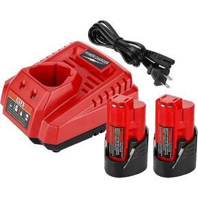 Upgraded 3700mAh Battery and Charger Set Compatible for Milwaukee 12V Battery Replacement M12 12V Tool Battery with Charger Kit Compatible for 48-11-2411 48-11-2440 48-11-2420 48-11-2401 48-11-2425