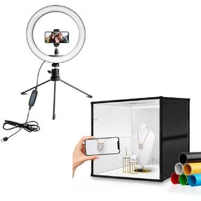 10" Ring Light with 7.4-inch Stand+16"x16" Professional Shooting Tent Kit with 160 LED Lights & 6 Color PVC Backdrops, Folding Light Box Portable Studio Box Jewelry Products