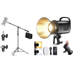 NEEWER CB120B 120W LED Video Light with 2.4G&APP Control COB Bi Color 2700K-6500K 78000lux and Air Cushioned Aluminum Light Stand, 9.8ft/3m Adjustable Photography Stand with Boom Arm