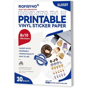11x17 Printable Vinyl Sticker Paper Waterproof, Removable Self Adhesive Vinyl Sticker Sheets for Inkjet and Laser printer, 30 Pack, Tabloid Size, Glossy White
