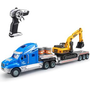 2.4Ghz Remote Control Semi Truck with Excavator Backhoe Front Loader-21.7 Inch RC Semi Truck Toy for Kids,1:16 Scale Rechargeable Batterie Fast Speed Semi Truck with Excavator Backhoe Toy