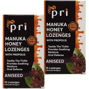P.R.I Manuka Honey Lozenges with Propolis, Soothing Cough and Throat Drops, MGO 300+ Certified, (Original Aniseed, 16 Count/2 Pack)