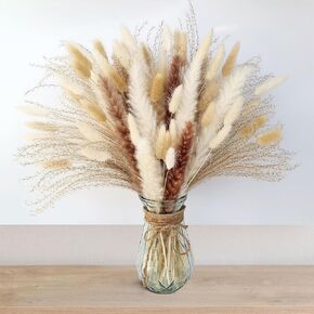 100PCS Natural Dried Pampas Grass Decor 5kind Dried Pampas Grass Bouquet Boho Home Decor Bouquet Fluffy Pampas Grass Bouquet, Dried Flowers for Vase Wedding Boho Flowers Home Table Decor (17")