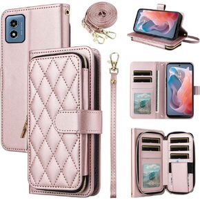 حافظة محفظة Furiet Argyle لهاتف Motorola G Play 5G 2024 مع حزام معصم وحزام كتف 9+ فتحة للبطاقات ومحفظة بسحاب فاخر من جلد البولي يوريثان غطاء هاتف خلوي لهاتف Moto G Play 5G 2024 للنساء والفتيات باللون الذهبي الوردي