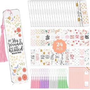 48PCS Bookmark Making Kit, 24 Acrylic Bookmark Blanks with 24Pcs Tassels, 24UV Stickers about Christmas Theme, DIY Blank Bookmarks Waterproof UV DTF Transfers Stickers for Clear Bookmarks DIY Projects