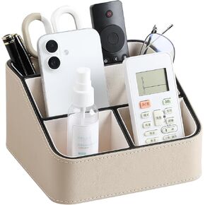 Remote Control Holder, PU Leather Small Desk Organizer Stylish Cute Desktop Organizer for Home Office Desk Accessories, Remote Caddy Bedside Nightstand Organizer for Women Men (Cream)