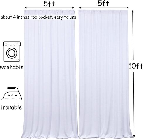 10x10ft White Polyester Backdrop Curtain 2 Panels Party Wedding | Machine Washable Fade-Resistant 2-Sided Lightweight Polyester Rod Pocket Drapes for Weddings Baby Showers Photo Home in Saudi Arabia