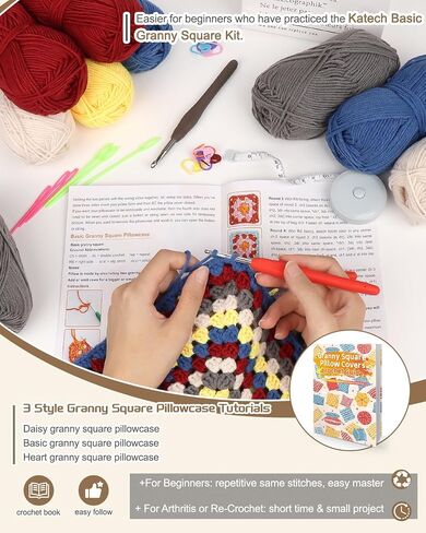 Katech Pillowcase Crochet Kit for Beginners-Crochet Kit for Adults Learn to Crochet Daisy Granny Squares, Crochet Starter Kit for Beginners Kids w/Step-by-Step Instructions Enough Yarn Crocheting Pink in Saudi Arabia
