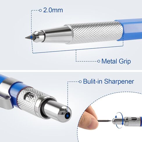 2.0mm Mechanical Pencil Lead Holder with Clip 2.0mm Pencil Metal Mechanical Clutch with Built-in Sharpener Automatic Graphite Lead Pencil for Construction, Draft Drawing, Art Sketching 2PCS in Kuwait