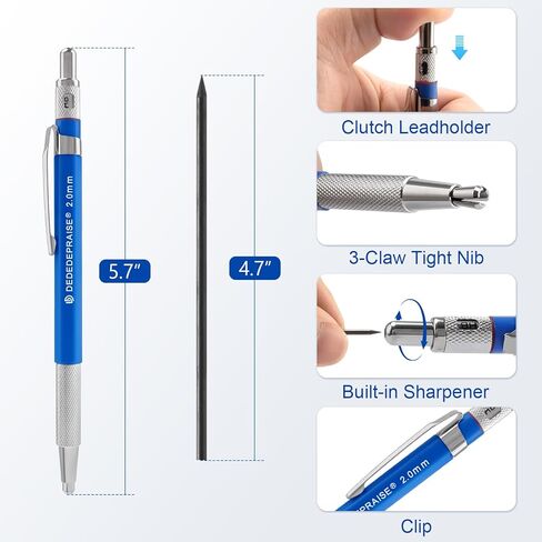 2.0mm Mechanical Pencil Lead Holder with Clip 2.0mm Pencil Metal Mechanical Clutch with Built-in Sharpener Automatic Graphite Lead Pencil for Construction, Draft Drawing, Art Sketching 2PCS in Kuwait