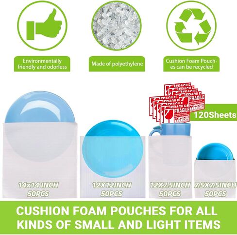 Moving supplies,200 Pack Cushion Foam Pouches, (16x16 Inch, 7x12 Inch, 8x8 Inch, 7.5x7.5 Inch) Packing Supplies for Moving, Packing, Transportation and Storage, Incidental 120Fragile Stickers in Saudi Arabia