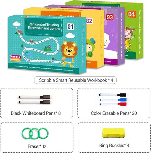 Magic Grooved Practice Copybook, Reusable Grooved Handwriting 4 Workbooks with Pens, Grooved Handwriting Practice Workbooks for Kids Age 3-8, Tracing Letters, Numbers, Drawing, Magic Copybook in Saudi Arabia