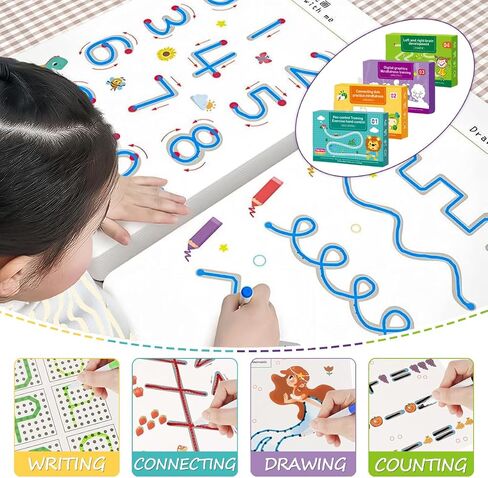 Magic Grooved Practice Copybook, Reusable Grooved Handwriting 4 Workbooks with Pens, Grooved Handwriting Practice Workbooks for Kids Age 3-8, Tracing Letters, Numbers, Drawing, Magic Copybook in Saudi Arabia
