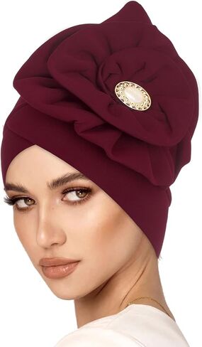 Bohend African Big Flower Rhinestone Turban Cap Muslim Pre Tied Beanie Headwrap Bonnet Stretch Pleated Women Headscarf Hat in Kuwait