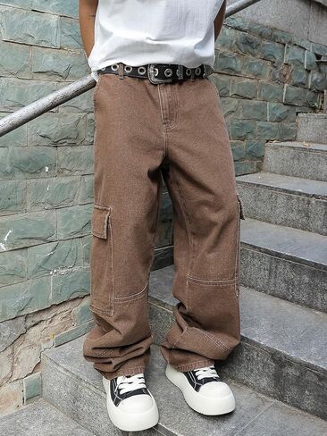 بنطلون جينز كاجوال للرجال من Verdusa بخصر عالٍ وأرجل مستقيمة مع جيوب in Kuwait