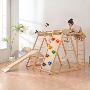 لعبة تسلق ملعب داخلي من Jungle Gym للأطفال الصغار، لعبة متسلق مونتيسوري خشبية مع خيمة، منزلقة، حلقة جمباز، شبكة تسلق للأطفال من سن 1 إلى 6 سنوات