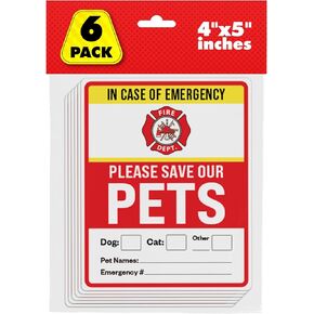 Pet Alert Safety Fire Rescue Sticker, 4"x5" 6pack - Save Our Pets Emergency Pet Inside Decal - in Case of Emergency Danger Pet in House Home Window Door Sign