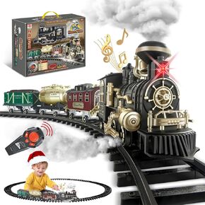 JUQU Train Set, Extra Large Christmas Train Set with Remote Control, Luxury Toy Train w/Lights, Sounds, 4 Speeds & 2 Smoke Outlets, Rechargeable Battery-Powered Train Toys Gifts for Kids 3 4 5 6 7 8+