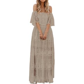 MERMAID'S CLOSET Women's Casual Off Shoulder Lace Maxi Dress Boho White Bridesmaid Wedding Evening Party Dresses in Kuwait