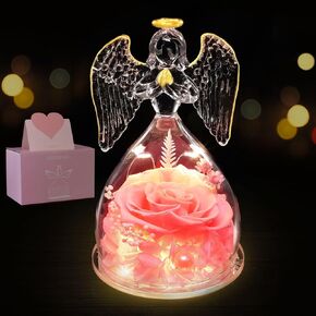 GENNISSY Angel Rose Sculpture, Multicolor Preserved Flower in Glass Figurines with LED Light, Mom Gifts from Daughter