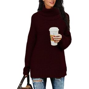 PrinStory Women's Sweater Turtle Neck Chunky Knit Pullover Sweaters Casual Long Sleeve Tops with Side Slit