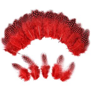 THARAHT Spotted Feathers 120pcs 2-3inch Small Natural Bulk Guinea Pheasant Feather for Crafts Hats Dream Catcher Decoration Feathers,Red