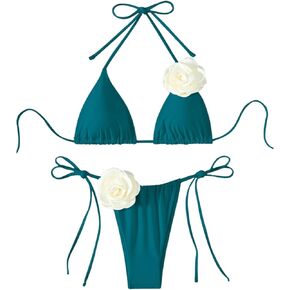 Women's 2 Piece Bathing Suit Floral Appliques Halter Triangle Tie Side Thong Bikini Sets Swimsuits