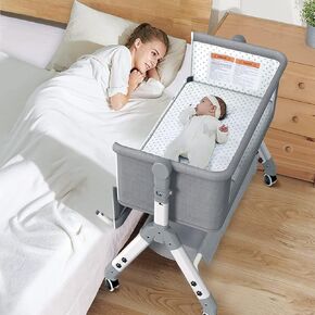 3 in 1 Bassinet for Baby, Baby Bassinet Bedside Sleeper with Mosquito Nets, Baby Bassinet with Wheels, Heigt Adjustable, Easy to Fold Portable Bedside Crib for Infant Baby