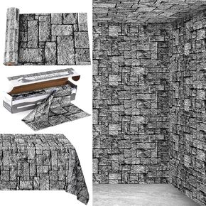 100 Ft X 54 Inch Stone Wall Tablecloth Roll with Cutter Box Disposable Plastic Stone Table Cover Medieval Stone Brick Table Cloth Dirt Floor Wall Backdrops for Farm Wedding Birthday Party