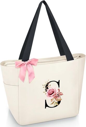Vavabox Tote Bag, A-Z Initial Monogrammed Waterproof Tote Bag, Bridesmaid Gifts for Women, Black and Pink in Saudi Arabia