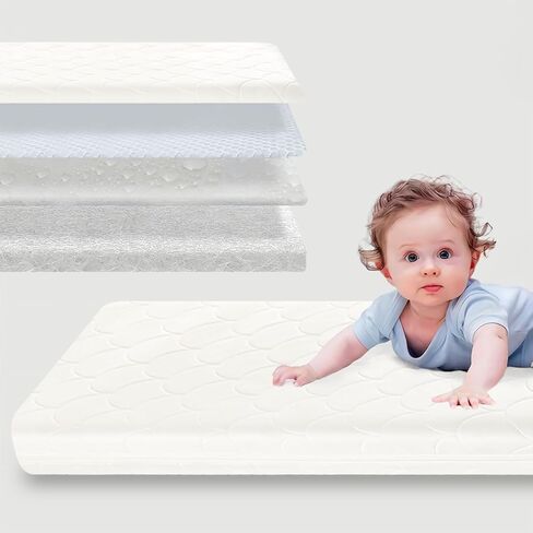 Crib Mattress, Dual-Sided Baby and Toddler Mattress with Washable Airfiber Insert and Removable Cover, 100% Breathable, Organic Cotton 5.5" Firm Mattress Fit Standard Size Toddler Bed in Kuwait