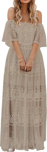 MERMAID'S CLOSET Women's Casual Off Shoulder Lace Maxi Dress Boho White Bridesmaid Wedding Evening Party Dresses in Kuwait