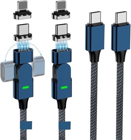 كابل شحن مغناطيسي USB C بقوة 100 واط، دوران 180 درجة 2 في 1 كابل شاحن هاتف مغناطيسي [عبوتان، 4/6.6 قدم]، نقل بيانات 480 ميجابت في الثانية، لهاتف iPhone 15,14,13، iPad، MacBook Pro، Galaxy S22 (أزرق) in Kuwait
