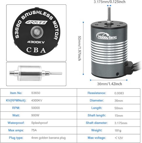 Hobby Fans مقاوم للماء S3650 3900KV محرك بدون فرشاة 3.175 مم عمود مع 60 أمبير بدون فرشاة ESC مجموعة وحدة تحكم السرعة الكهربائية مع غرفة تبريد وبطاقة برمجة لشاحنة سيارة RC 1/10، أسود in Kuwait