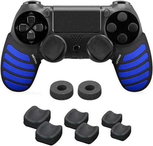 NiTHO Controller Silicone Case Grip Set for PS4, Rubber Protector Handle Grip with 2X Joystick Thumb Grip Caps and 2X Analog Precision Rings, Compatible with PS4 /Slim/Pro Controller - Blue Stripe in Saudi Arabia